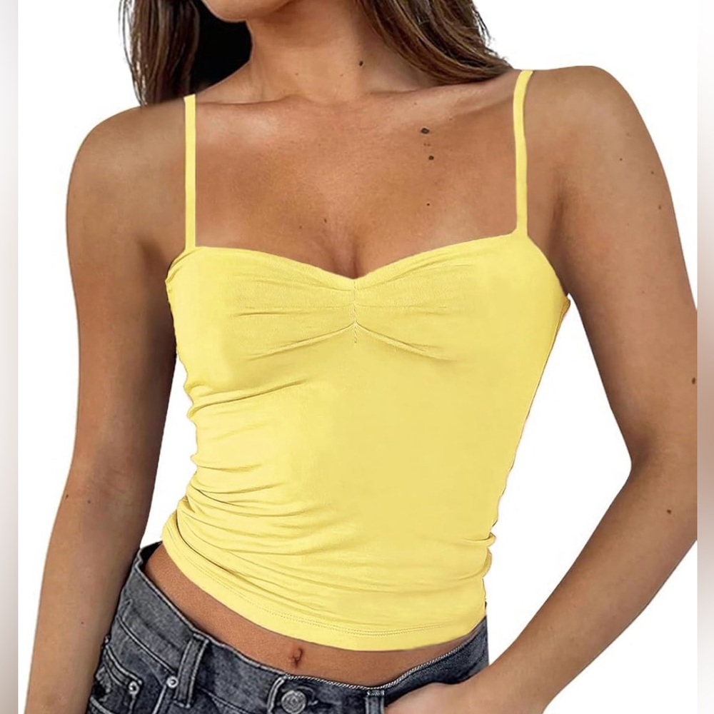 Yellow Ruched Spaghetti-Strap Cami Tank Top